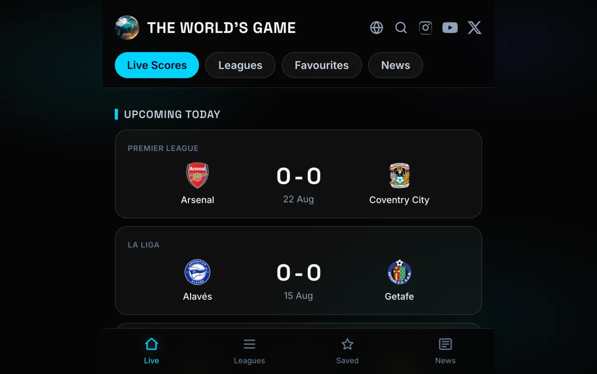 Screenshot of TWG Football Live Scores